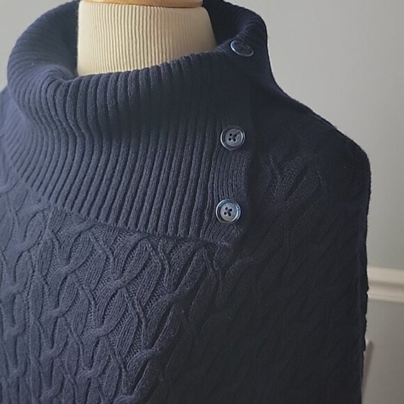 TALBOTS Navy Blue Cable Knit Button Collar Turtleneck Preppy Poncho Sweater S - Picture 4 of 7